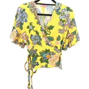 KITRI | Floral Print Ruffle Sleeve Wrap Blouse Top Yellow Size US 4 Small
